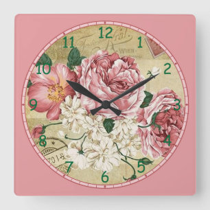 Horloge Carrée Fleurs roses et blanches