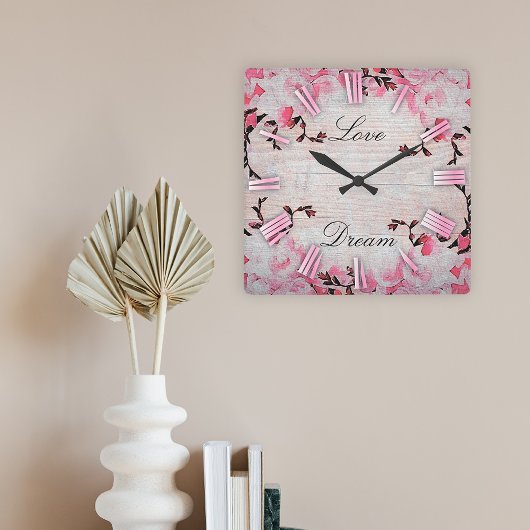 Horloge Carrée Fleurs Roses Romantiques Sur Bois Rustique Chic Co
