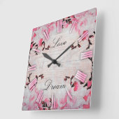 Horloge Carrée Fleurs Roses Romantiques Sur Bois Rustique Chic Co (Angle)