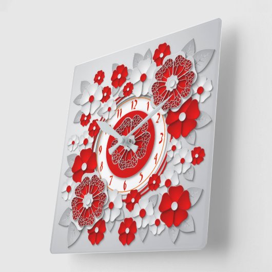 Horloge Carrée Fleurs rouges (Angle)