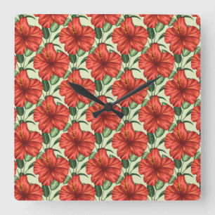 Horloge Carrée Fleurs rouges motifs à fleurs tropicales
