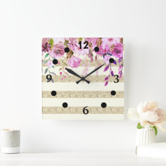 Horloge Carrée Fleurs stylées rayées or