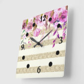 Horloge Carrée Fleurs stylées rayées or (Angle)