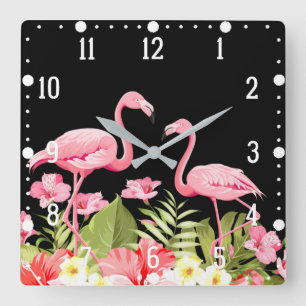 Horloge Carrée Fleurs tropicales et design de flamants roses