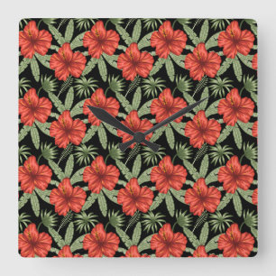 Horloge Carrée Fleurs tropicales rouges sans coutures motif vert