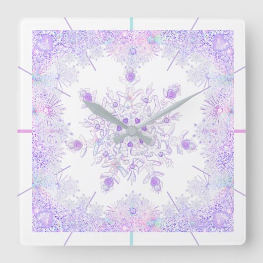 Horloge Carrée flocon de neige violet clair et coeur étincelant (Recto)