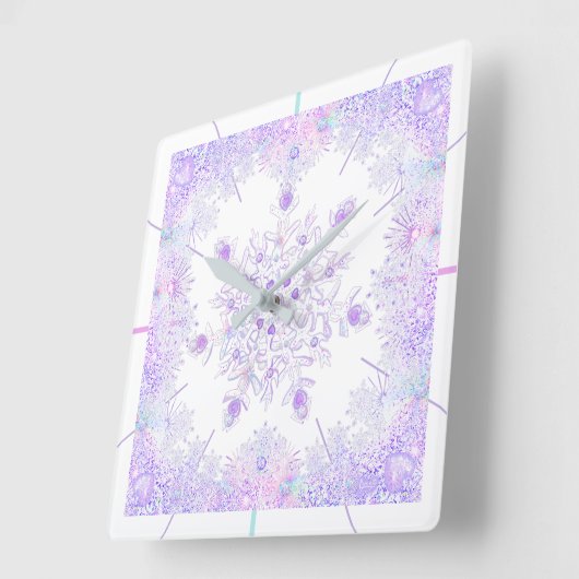 Horloge Carrée flocon de neige violet clair et coeur étincelant (Angle)