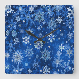 Horloge Carrée Flocons de Noël Bleus et Argent