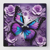 Horloge Carrée Floral de papillon pourpre (Recto)