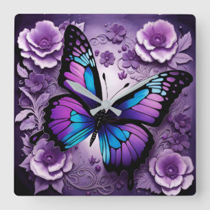 Horloge Carrée Floral de papillon pourpre