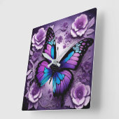Horloge Carrée Floral de papillon pourpre (Angle)