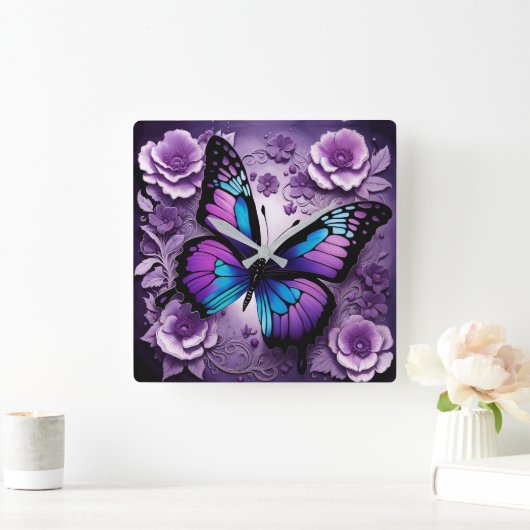 Horloge Carrée Floral de papillon pourpre (Maison)