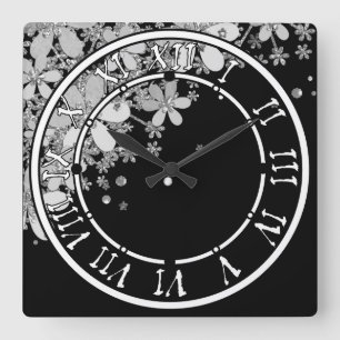 Horloge Carrée Floral fleurs foncées parties scintillant argent é