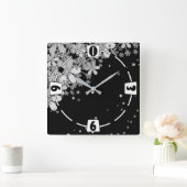 Horloge Carrée Floral fleurs foncées parties scintillant argent é (Maison)