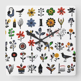 Horloge Carrée Floral folk coloré et oiseaux