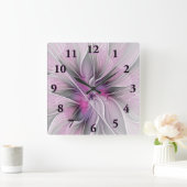 Horloge Carrée Floral Fractal moderne Fleur Abstraite rose gris (Maison)