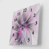 Horloge Carrée Floral Fractal moderne Fleur Abstraite rose gris (Angle)