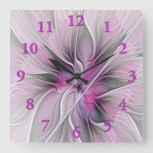 Horloge Carrée Floral Fractal moderne Fleur Abstraite rose gris