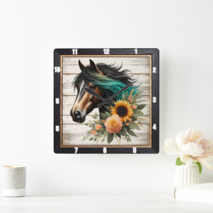 Horloge Carrée Floral Horse Rustique