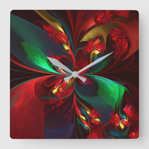 Horloge Carrée Floral moderne Art Abstrait Rouge Vert Motif #11