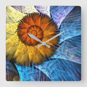 Horloge Carrée Floral Orange Bleu Jaune Art Abstrait