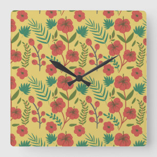 Horloge Carrée Floral sans couture motif rouge jaune vert fleurs