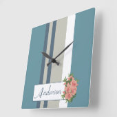 Horloge Carrée Floral Turquoise moderne bleu et bronzé (Angle)