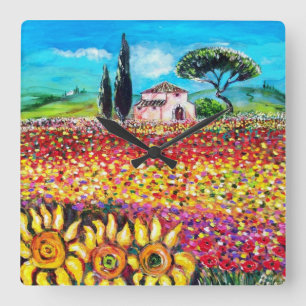Horloge Carrée FLORE EN TOSCANE/ Champs, Pépites et tournesols