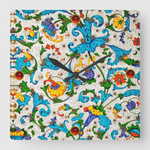 HORLOGE CARRÉE FLORENTINE RENAISSANCE BLEU FLORAL SWIRLS, FLEURS