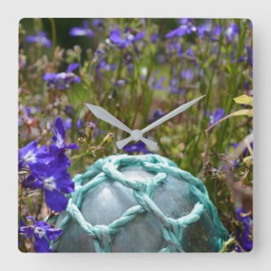 Horloge Carrée Flotteur de pêche en verre et fleurs