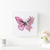 Horloge Carrée Flower Butterfly with Pink Sakura (Maison)