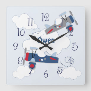 Horloge Carrée Flying Airplane Adventure Baby Boy Nursery Clock