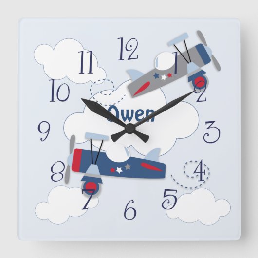 Horloge Carrée Flying Airplane Adventure Baby Boy Nursery Clock (Recto)