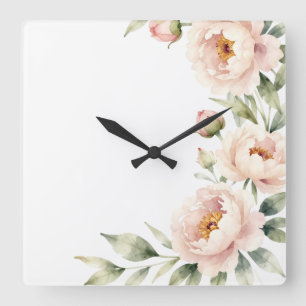 Horloge Carrée Fond floral élégant de pivoine rose en aquarelle