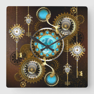 Horloge Carrée Fond rouillé Steampunk avec verres turquoise