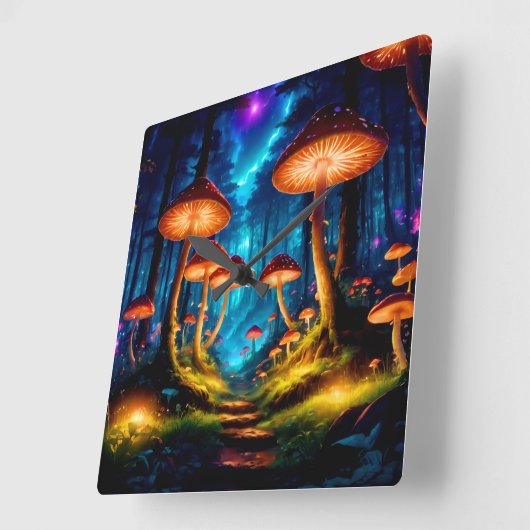 Horloge Carrée Forêt de champignons magique de minuit (Angle)