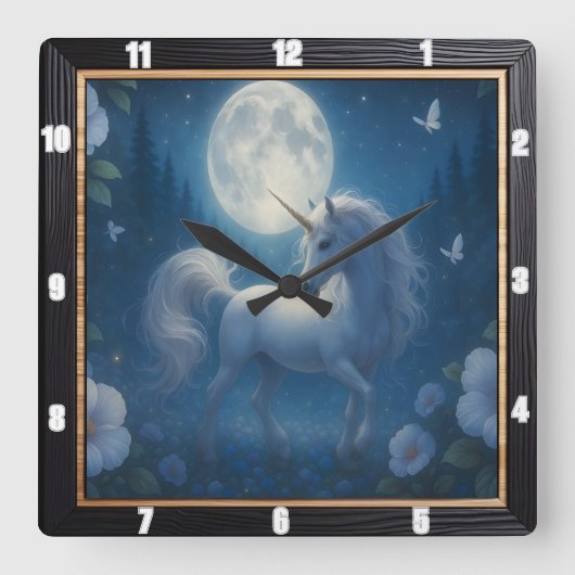 Horloge Carrée Forêt de papillons Ethereal Unicorn (Recto)