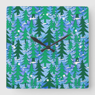 Horloge Carrée Forêt de sapins d'hiver, art naïf, vert bleu