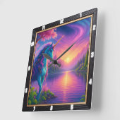 Horloge Carrée Forêt de Sunset Unicorn Lake (Angle)