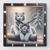 Horloge Carrée Forêt de tigre blanc neige (Recto)