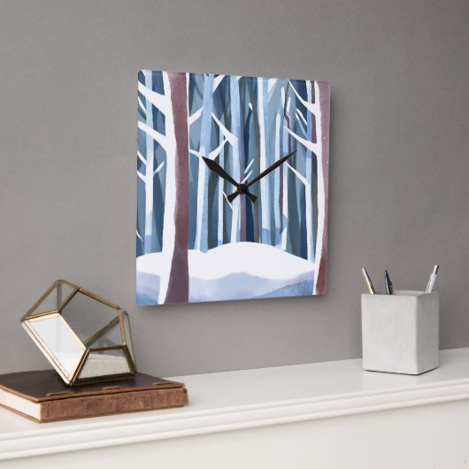 Horloge Carrée Forêt hivernale neige | Aquarelle simple moderne (Bureau)