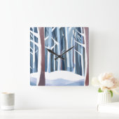 Horloge Carrée Forêt hivernale neige | Aquarelle simple moderne (Maison)