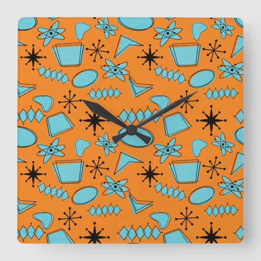 Horloge Carrée Formes atomiques MCM Turquoise sur orange (Recto)