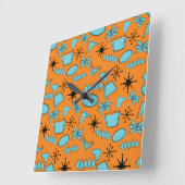 Horloge Carrée Formes atomiques MCM Turquoise sur orange (Angle)