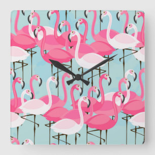 Horloge Carrée Foule rose et blanche des Flamants roses