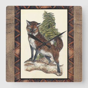 Horloge Carrée Fox rustique faisant un pas sur un tronc d'arbre