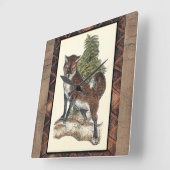 Horloge Carrée Fox rustique faisant un pas sur un tronc d'arbre (Angle)