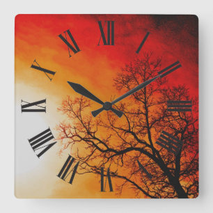 Horloge Carrée Foyer Sunset & Branches Arbre Nature Art