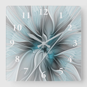 Horloge Carrée Fractal Floral Moderne Abstrait Fleur Bleu Gris