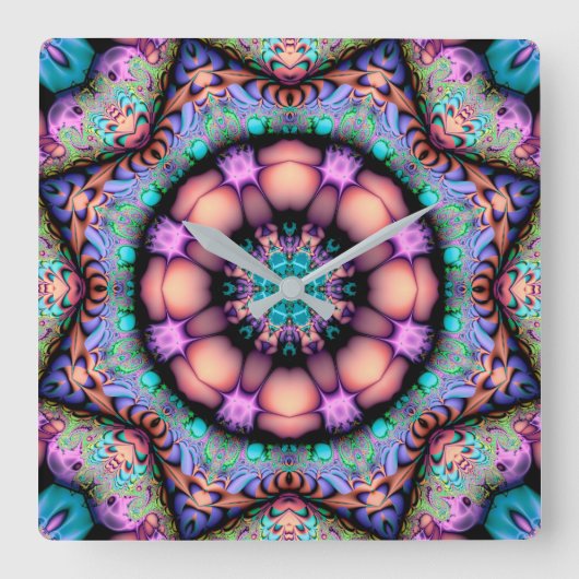 Horloge Carrée Fractal Mandala Floral Psychedelic (Recto)